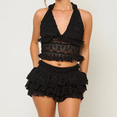Lace Tie-up Halter Open Back Cami Tops And Mini Layered Skirt Set